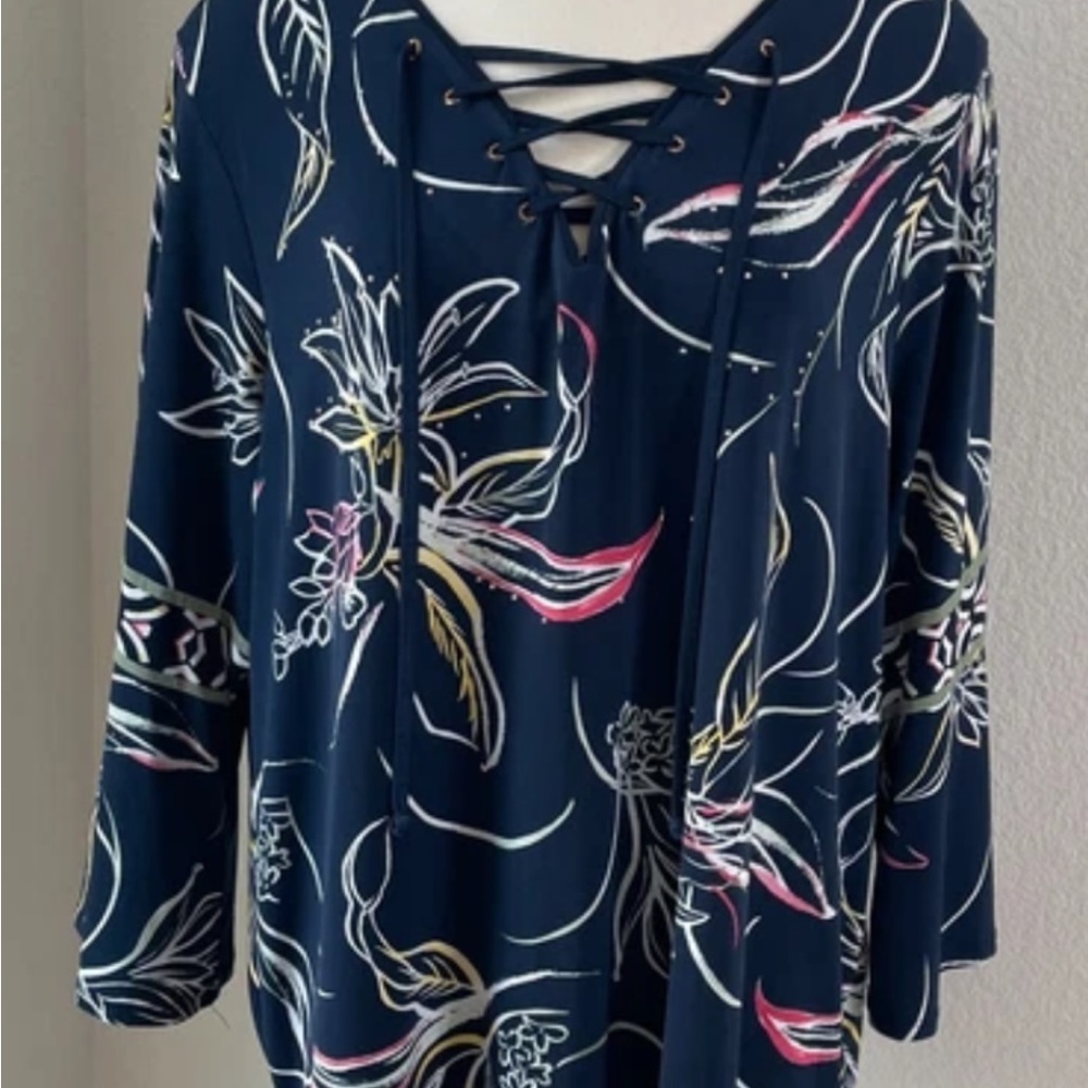 JM Collection Navy Floral Lace-Up Blouse